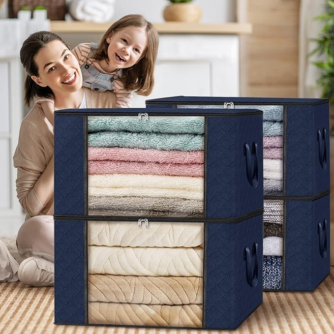 Fab totes 10 Pack Clothes Storage, Foldable Thick Fabric Blanket Storage Bags, Containers for Organizing Bedroom, Closet, Clothing, Comforter,Closet Organization with Handle,Blue-NeatNest