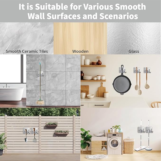 5 Pack Mop and Broom Holder Wall Mount, Silver Stainless Steel Mop and Broom Hanger with Hooks, Mop Broom Organizer for Closet Laundry Garage Garden Tool Organizer