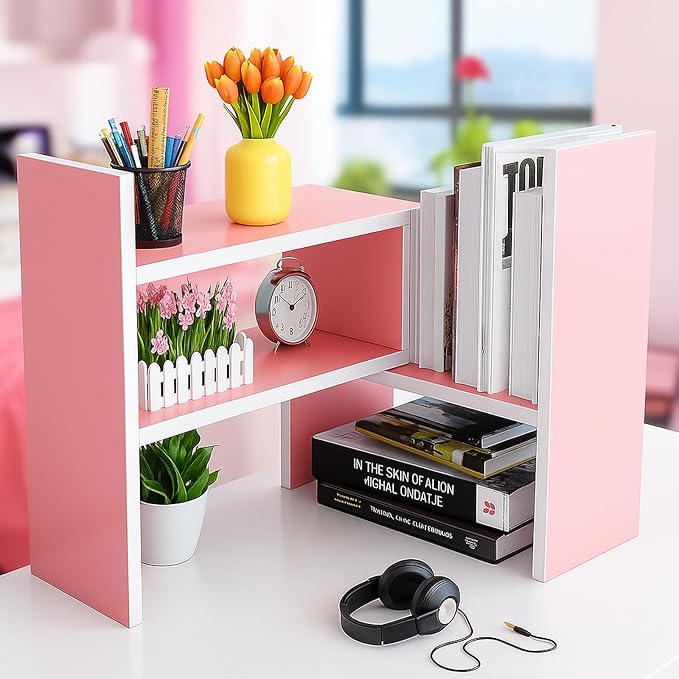 Desktop Shelf Organizer, Adjustable Wood Office Storage Rack, Counter Display Small Bookshelf for Home/Office/School(Pink)-NeatNest