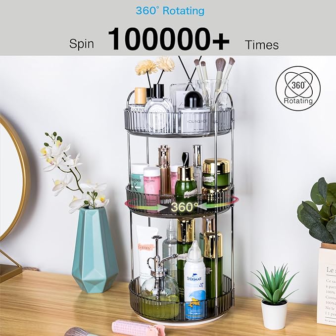 360 Rotating Makeup Organizer, 3 Tier Lazy Susan Bathroom Organizer, Easy to Install, Ideal Storage for Perfume, Skincare, Cosmetic, Dresser or Vanity Countertop (Classic Grey, 3 Tier)-NeatNest
