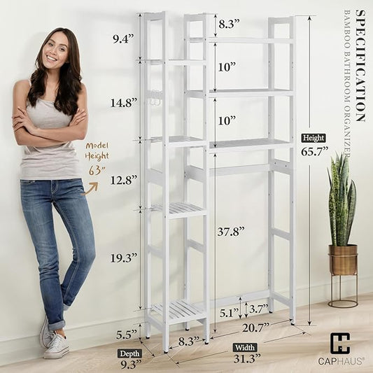 CAPHAUS Over The Toilet Storage Shelf, 7-Tier Bamboo Bathroom Organizer Shelf Rack Over Toilet with Adjustable Feet & Hooks, Freestanding Toilet Shelf for Bathroom Laundry Balcony Plant Stand, White-NeatNest