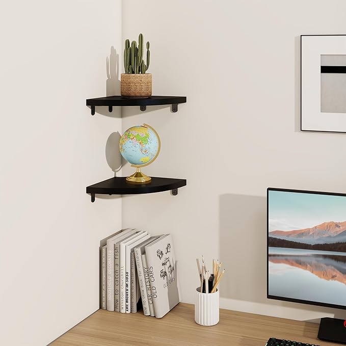Fun Memories Corner Shelf Wall Mount, Solid Oak Wood Floating Corner Shelves with Cable Hole, 7in Rustic Design for Bedroom, Bathroom, Kitchen, Living Room (Black, 1 Pack)-NeatNest