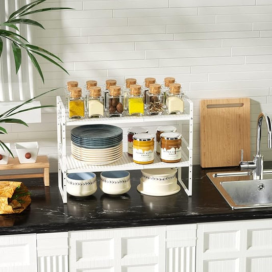 Cabinet Organizer Shelves,3 Pack of Expandable Spice Racks,Space Saving Storage Shelves for Kitchen,Pantry,Bathroom, Bedroom, Under Sink,Office,Table Surfaces & Counter,White Modern Style-NeatNest