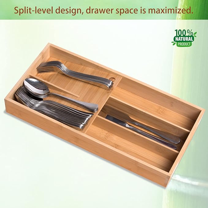 Bamboo Silverware Organizer, Kitchen Silverware Drawer Organizer, Utensil Tray Holder, Cutlery Tray for Spoons, Forks, Knives-NeatNest