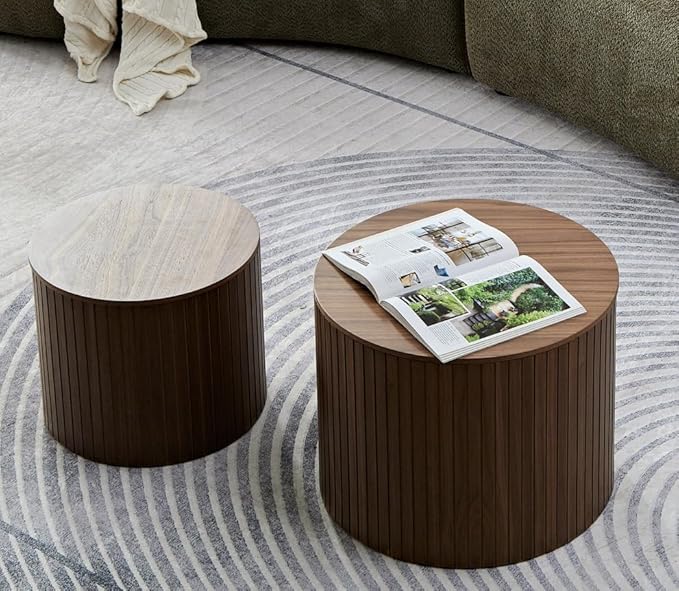 kevinplus Walnut Coffee Table Nesting Tables Set of 2 for Living Room, Modern Circle Drum Wood Small Coffee Table with Storage Contemporary Side Table End Table with Moveable Lid, Walnut