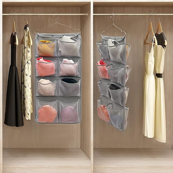 Dual Sided Hanging Closet Organizer Durable Socks Stocking Clothes Bra Accessories Storage Bag With 16 Large Pockets (Nylon Mesh Pockets)-NeatNest