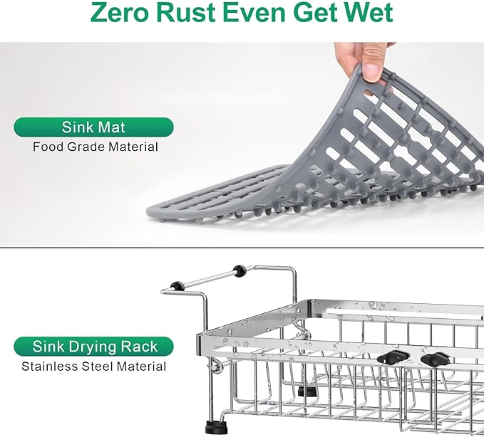 GSlife in Sink Dish Drying Rack - Stainless Steel Capacity Expandable Dish Drainer with Sink Protector, 10.8–17.9" L x 12.8" W, Silver