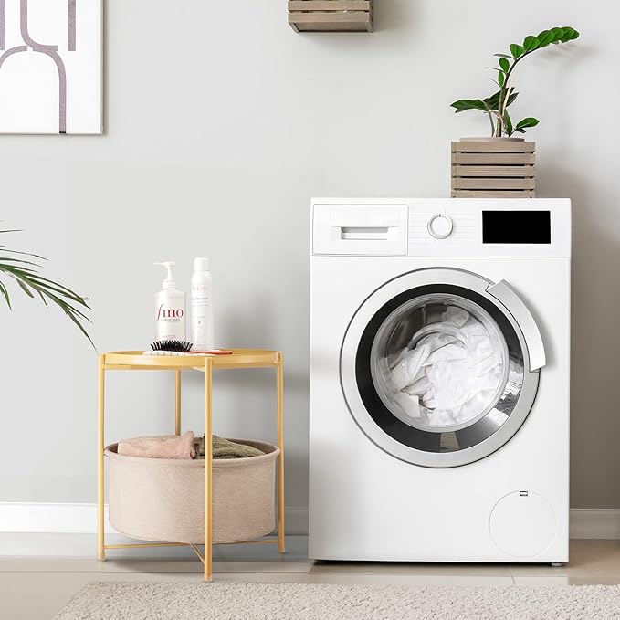 danpinera Round Side Table with Fabric Storage Basket, Metal Side Table Small Bedside Nightstand with Removable Tray Top for Living Room, Bedroom, Nursery, Laundry, Pale Yellow-NeatNest