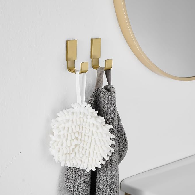BESy Brass Clothes Hook Single Towel Hook for Bathroom Kitchen Garage Square Style Robe Hooks Coat and Hat Hook, Self Adhesive with Glue or Wall Mounted with Screws, Two Packs, Brushed Gold-NeatNest
