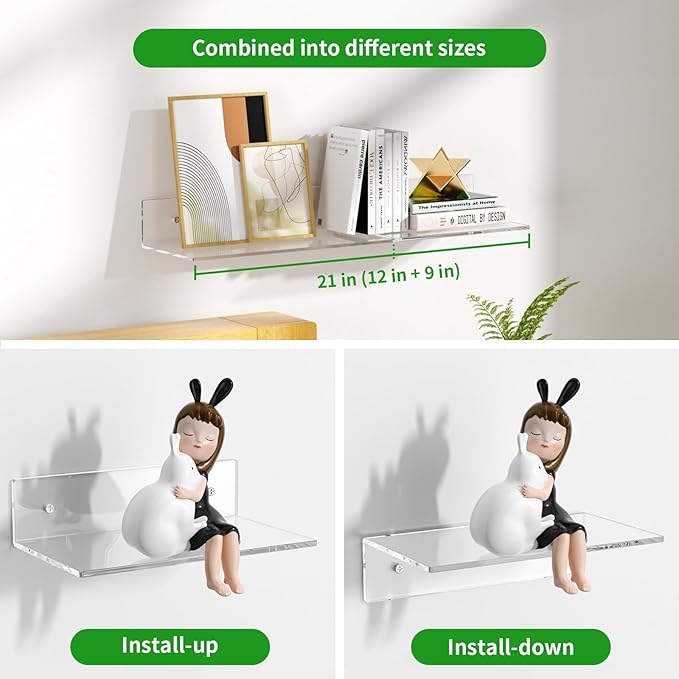 FEMELI 2 PCS 9" Acrylic Floating Shelves, Clear Shelf for Display, Plant, Perfume, Book in Bedroom Living Room Office, 5mm Thick Wall-Mounted Acrylic Shelves for Wall