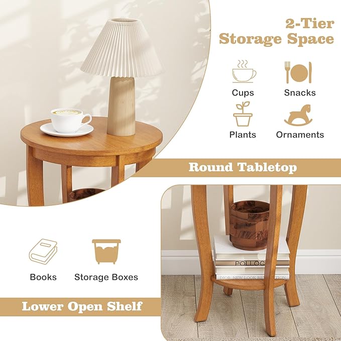Giantex Round End Table, Retro Nightstand with Storage Shelf & Solid Wood Legs, 24.5" Accent Side Table for Small Spaces, Wood Bedside Night Stand for Living Room Bedroom, Light Brown
