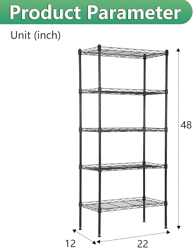 BestOffice Garage Shelving 5 Tier Metal Storage Shelves 750lbs Weight Capacity Heavy Duty Wire Shelving NSF Certified Utility Shelves with Leveling Feet for Garage Home Office, Black-NeatNest