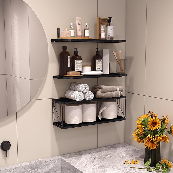 Fixwal 3+1 Tier Bathroom Floating Shelves Over Toilet, 15.8in Farmhouse Rustic Wood Shelves, Wall Decor for Bathroom, Living Room,Bedroom and Kitchen (Black)-NeatNest