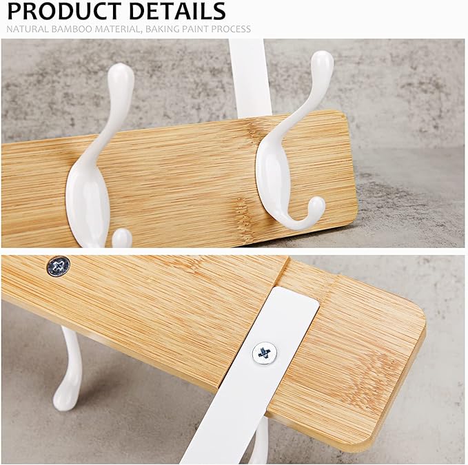 Badiano Over The Door Hook Hanger, Bamboo Coat Rack with 4 Metal Hooks, Wood Clothes Organizer for Coat, Towels, Bags, Robes (Natural)