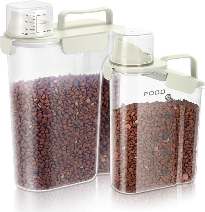 Dog Food Storage Container, Upgraded Large Nozzle BPA-free, 8-12 LBS Plastic Pet Food Storage Containers, With 4 Sealed Clasps, 1 Measuring Cup and Handle (2, Beige (3L+5L), (3L+5L))-NeatNest