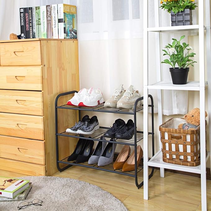 MAX Houser 3-Tier Metal Shoe Rack, Free Standing Shoe Storage Organizer, Wire Grid Shoe Tower for Closet Bedroom, Entryway, Gunmetal-NeatNest