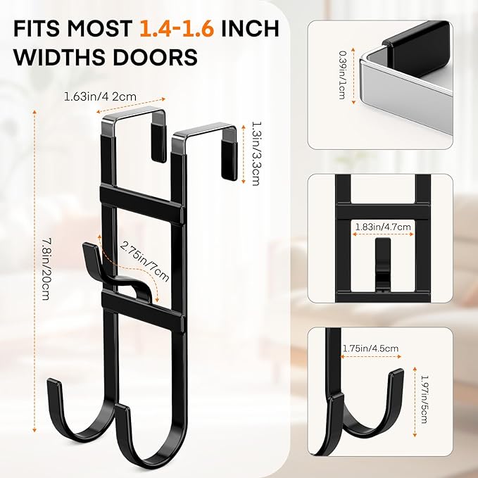 FYY Over The Door Hooks - 2 Pack Heavy Duty Triple-Hook Organizer Hanger with Non-Slip Rubber for Towels, Clothes, Hats & Bags Use in Bathroom, Bedroom, Kitchen - Fits Interior Doors Up to 1.6" Black