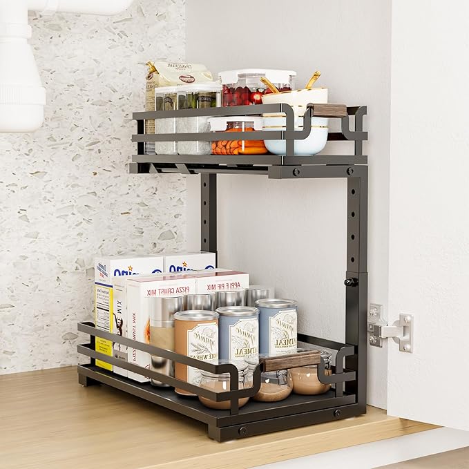 Under Sink Organizers, 2 Tier Slide Out Under Sink Organizers, Under Sink Storage for Bathroom Kitchen (1 Pack)-NeatNest