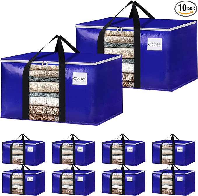 BlissTotes 10 Pack Moving Bags with Clear Window, Storage Bags with Strong Carrying Handles & Zippers,Large Packing Bags for Saving Space, Alternative to Moving Boxes(Blue,20 Gallon)-NeatNest