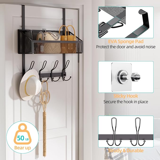 Over The Door Hooks Organizer with 12 Hooks, Over The Door Storage Rack with Mesh Basket,Back of Door Storage Organizer Over The Door Hanger for Bedroom,Bathroom,Kitchen, Pantry, Black