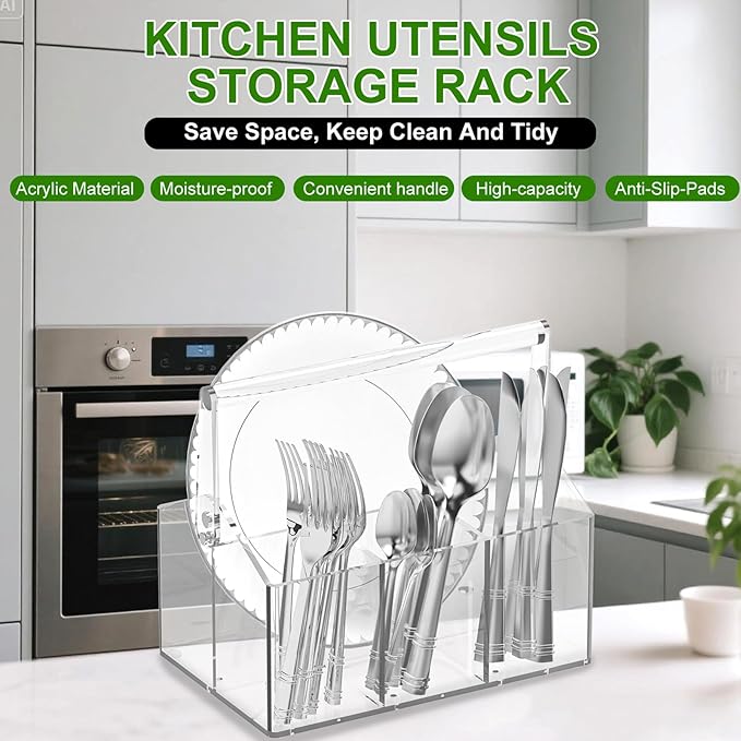 Acrylic Utensil Holder - Silverware Organizer for Kitchen, Table, Indoor Outdoor Use Space-Saving, For Buffet, Picnic Party