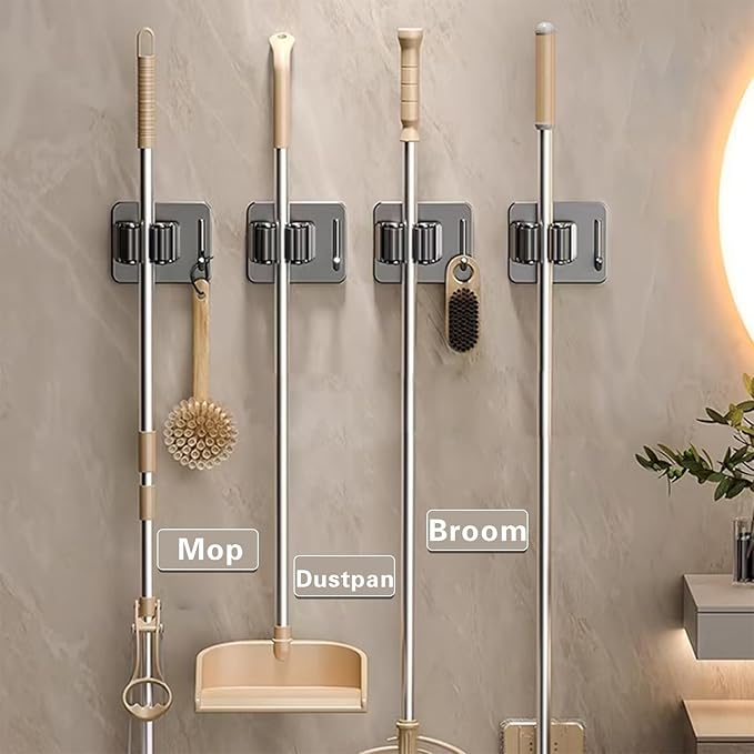 Mop Broom Holder-Self Adhesive Stainless Steel Broom Hanger Organizer for Bathroom, Kitchen, Office,Utility Room,Laundry Room,Home Garden, Garage Storage and Organization Rack(Silver gray-4Psc)-NeatNest