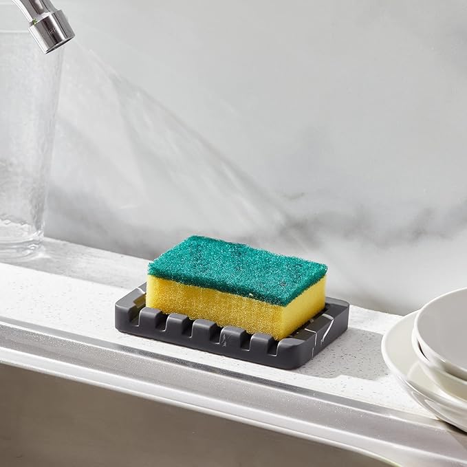 2PCS Self Draining Soap Dish - Marble Look Soap Holder Tray Savers Box Container Sponge Holder for Bathroom Shower Kitchen, Black-NeatNest