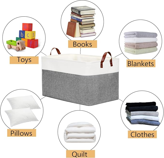 DULLEMELO Extra Large Storage Basket for Organizing, 70L Oversized Storage Bin Foldable Canvas Fabric Blanket Basket, 22" x 15" x 13" Large Kids Toy Basket Organizer with Handles (White&Grey)-NeatNest