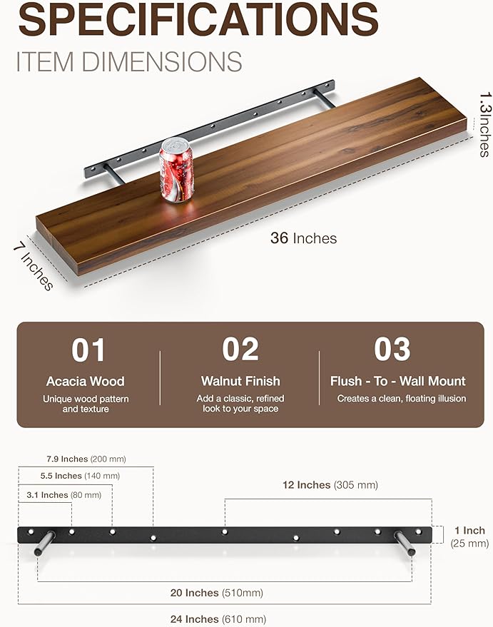 BATODA Set of 2 36" Acacia Floating Shelves for Wall – Rustic Farmhouse Floating Shelves - Wooden Wall Storage Shelf Home Décor - DIY Floating Book Shelves - with Brackets & Hardware (Walnut Color)-NeatNest