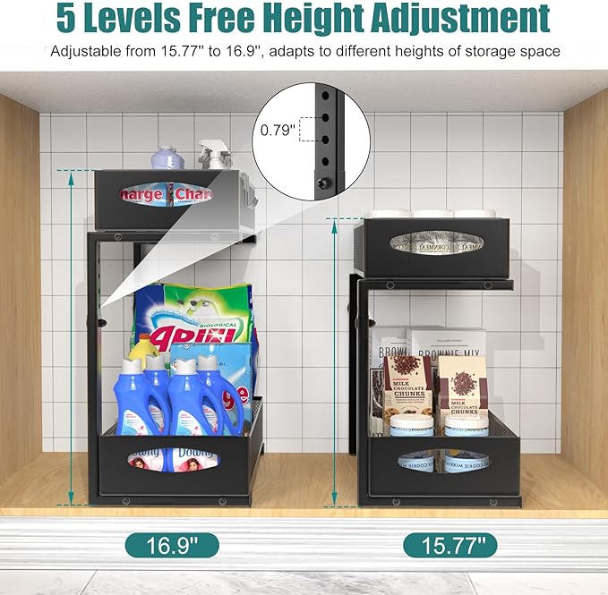 1 Pack Under Sink Organizer, 2 Tier Metal Pull Out Under Sink Storage with Sliding Mesh Drawers, Height Adjustable Slide Out Under Sink Organizer for Kitchen Bathroom Cabinet, Black-NeatNest