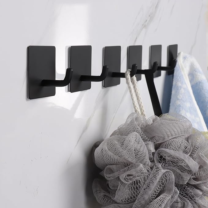 Bath Towel Hooks, 4 Pack Strong Self Adhesive Coat/Clothes Hooks, No Drilling Sticky Hooks, Heavy Duty 304 Stainless Steel Shower Wall Hook for Bathroom Kitchen Bedroom(Matte Black)