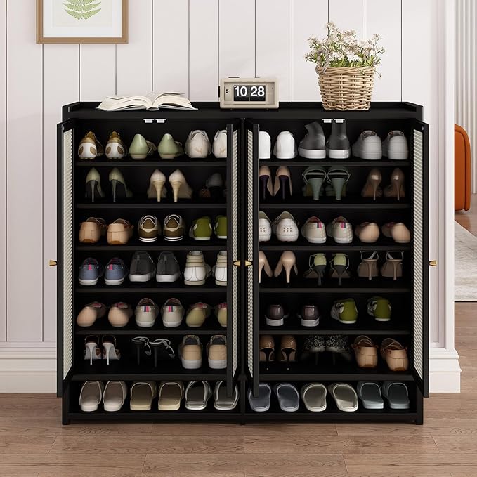 Bamboo Shoe Cabinet, 8-Tier Shoe Storage Cabinet with Doors, Freestanding Bamboo Shoe Rack Organizer with Shelves for Entryway, Hallway, Closet, Living Room (Black)