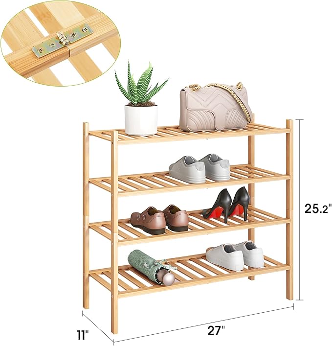 BMOSU 4-Tier Bamboo Shoe Rack Premium Stackable Shoe Shelf Storage Organizer for Hallway Closet Living Room Entryway Organizer (Natural Bamboo)-NeatNest