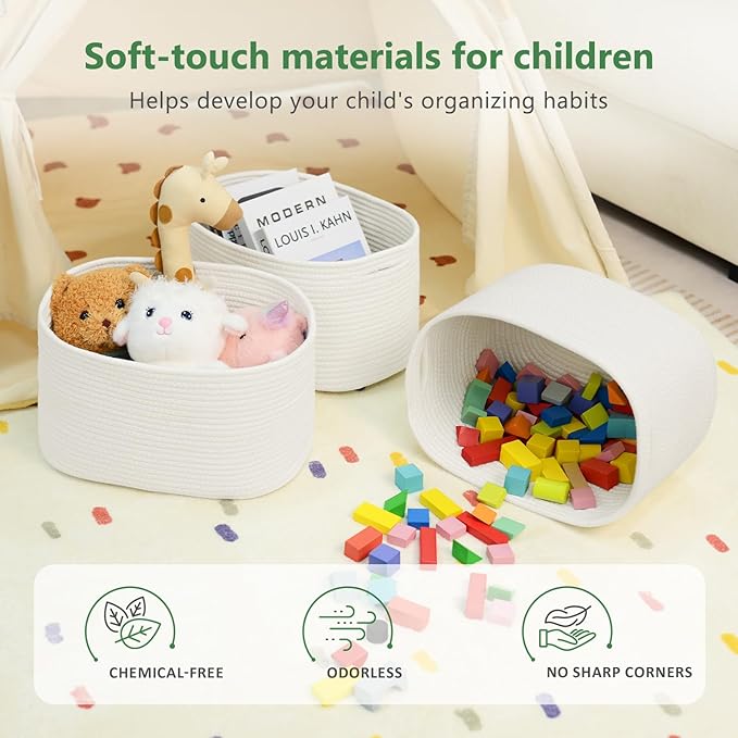 Cotton Rope Storage Basket, 15x10x9 Inches, Woven Basket for Shelves, Clothes, Toys, Towels, Books, and Laundry, Durable and Stylish, White (3 Pack)-NeatNest