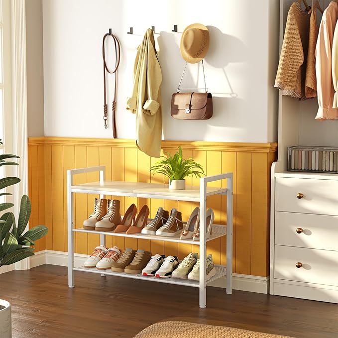 Shoe Rack for Front Door Entrance, 3 Tier Shoe Rack for Entryway, Shoe Shelf for Closet, Metal Shoe Racks Organizer with Sturdy Wooden Top & Steel Frame,(White+Beige)-NeatNest