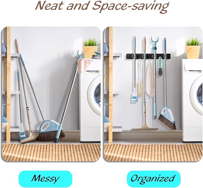 2 Pack Black Mop Broom Holder Wall Mount - Wood Broom Mop Hanger - Wall Mounted Garden Tool Rack Organizer for Closet Garage Laundry Room, 4 Slots & 4 Hooks-NeatNest