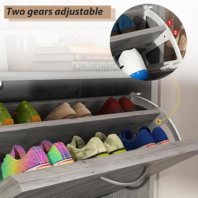 Shoe Cabinet with 2 Flip Drawers, Shoe Storage Organizer with 2-Tier Shelf for Entryway, Freestanding Shoe Rack Storage Organizer, Grey-NeatNest