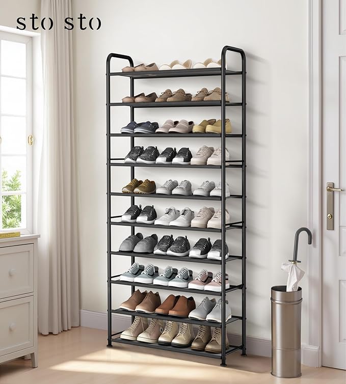 STO STO 10-Tier Shoe Rack with Sturdy Mesh Shelves, Tall Metal Shoe Organizer for Entryway, Closet, Garage, Front Door, Holds 30 Pairs, Free Standing Large Shoe Storage Shelf, Adjustable Feet, Black-NeatNest