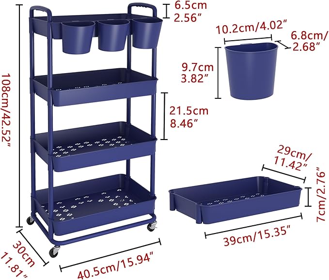 JIUYOTREE 4-Tier Plastic Rolling Storage Cart Utility Cart with Extra Hanging Cups Handles Lockable Wheels for Living Room Bathroom Kitchen Office Blue-NeatNest