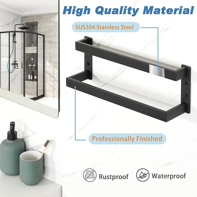 Alise Double-Layer Towel Bar, Matte Black Towel Racks for Bathroom Wall Mounted, Stainless Steel Bathroom Towel Holder, Modern Space Saving Towel Rod, 16"
