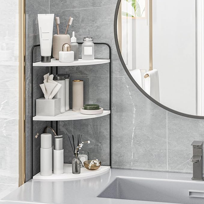 Bathroom Counter Organizer,Countertop Organizer,Vanity Organizers,Bathroom Storage,Bathroom Sink Caddy,Counter Shelf,Corner Counter,Corner Shelves(Black-White Marble)-NeatNest