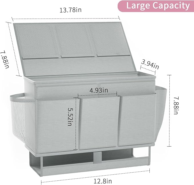 Bedside Caddy, Bed Organizer with 11 Pockets and Power Strip Holder, Versatile Bedside Storage Caddy for Home,Dorm,Bunk,Hospital,Crib Bed (2 Pack Grey)-NeatNest