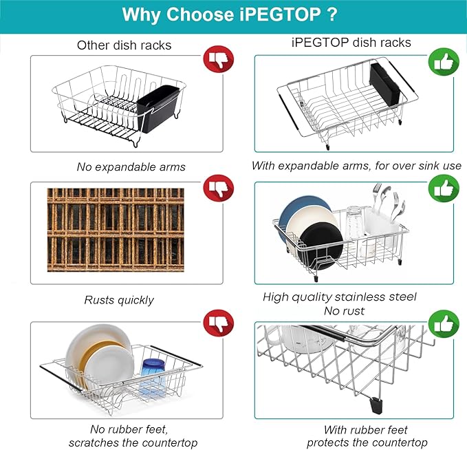 iPEGTOP Expandable Multifunctional Dish Drying Rack, Over The Sink, in Sink Or On Counter Dish Drainer Basket Shelf with Black Utensil Silverware Holder, Rustproof Stainless Organizer