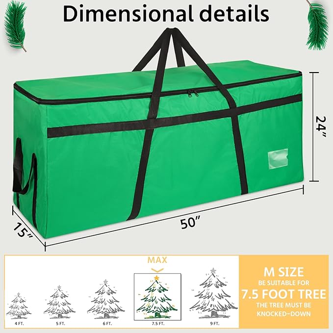7.5 ft Christmas Tree Storage Bag, Heavy Duty Christmas Tree Bag with Reinforced Handles and Dual Zippers Wide Opening, Large Capacity fits for Artificial Christmas Tree (Green, 7.5 ft)-NeatNest