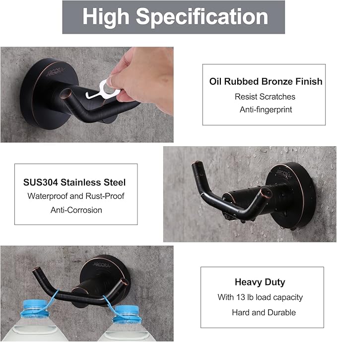 ARCORA Oil Rubbed Bronze Towel Hooks, SUS 304 Stainless Steel Wall Hooks, Heavy Duty Robe Hooks 1 Pack, Bathroom Towel Hooks for Wall