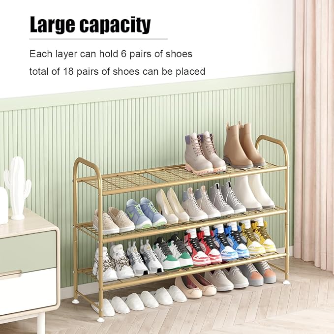 LINZINAR Shoe Rack Long 3 Tier Shoe Storage Organizer Metal Wide Shoe Shelf for Closet Entryway Bedroom 24 Paris Large Capacity, Gold-NeatNest