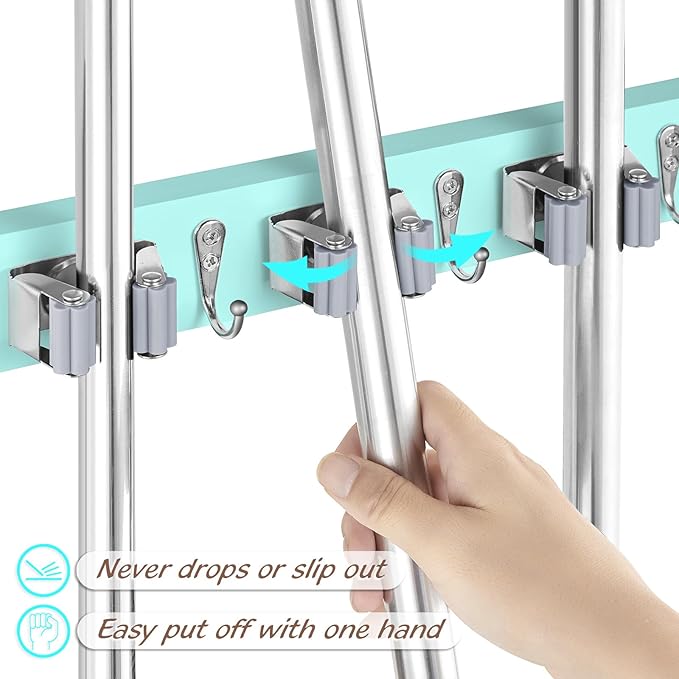 Turquoise Mop Broom Holder Wall Mount with 4 Slots & 4 Hooks - Wood Broom Mop Hanger for Pantry Closet Laundry Room Organization - for Teal Kitchen Decor and Accessories-NeatNest