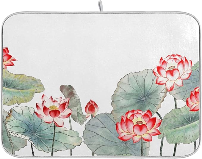 Absorbent Dish Drying Mat for Kitchen Counter - Watercolor Lotus Microfiber Drying Pad, Reversible Drainer Mats for Countertop, Small 16" x 18"