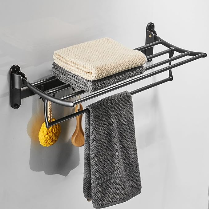 BESy 24 Inch Oil Rubbed Bronze Towel Racks, Bathroom Towel Shelf with Foldable Towel Bar Holder and Towel Hooks, Wall Mounted Multifunctional Bathroom Accessories, Double Towel Bars-NeatNest