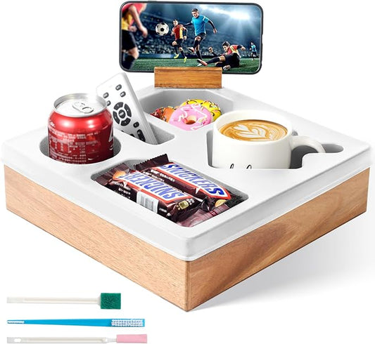 Couch Cup Holder Tray – Spill-Proof Wooden Sofa Arm Organizer with Silicone Insert for Snacks, Drinks, Remote, and Phone, Waterproof Couch Caddy for Bed, Car, RV, Living Room (White)-NeatNest